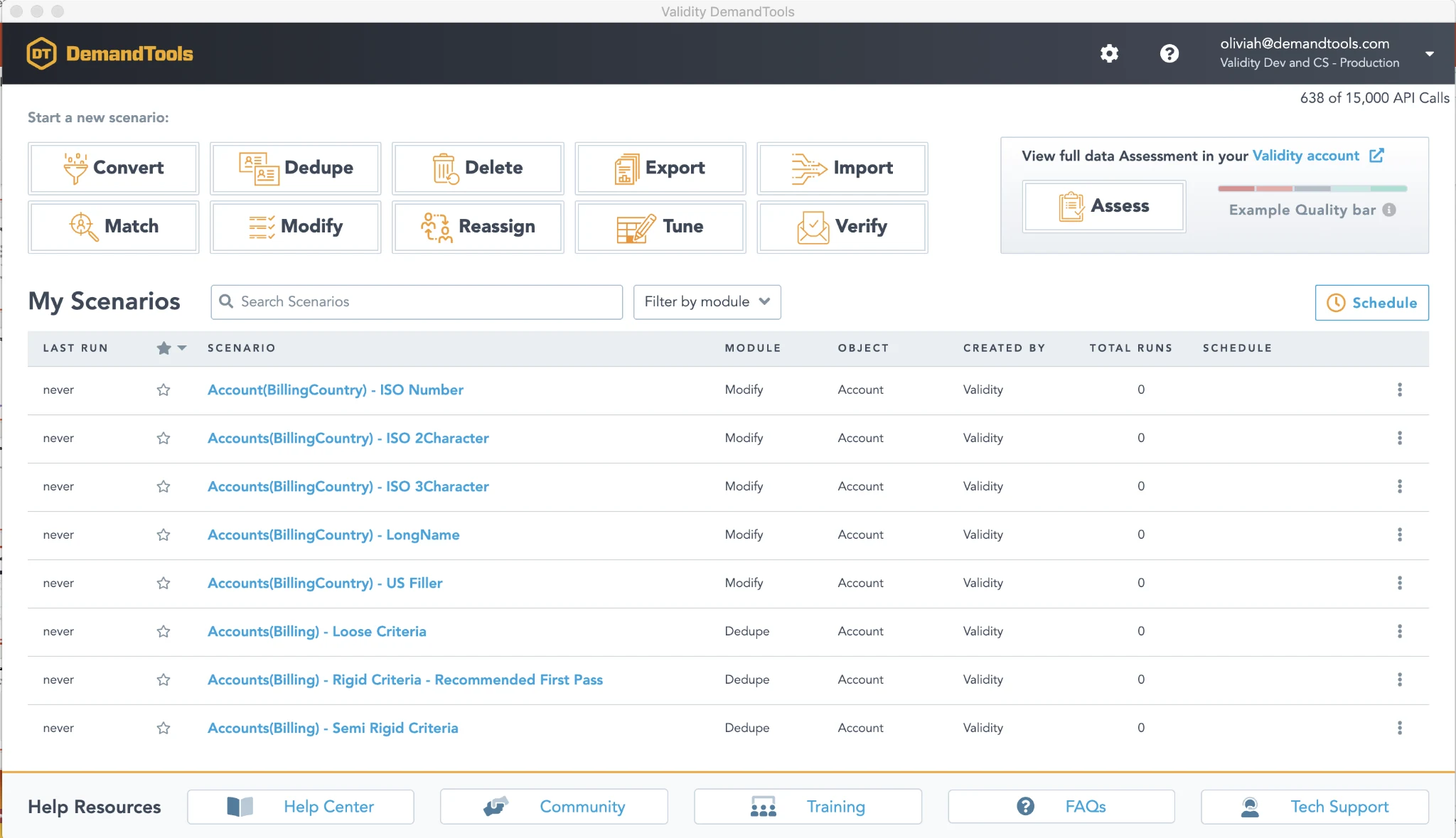DemandTools dashboard with data-cleanup modules and saved deduplication and account-update scenarios.