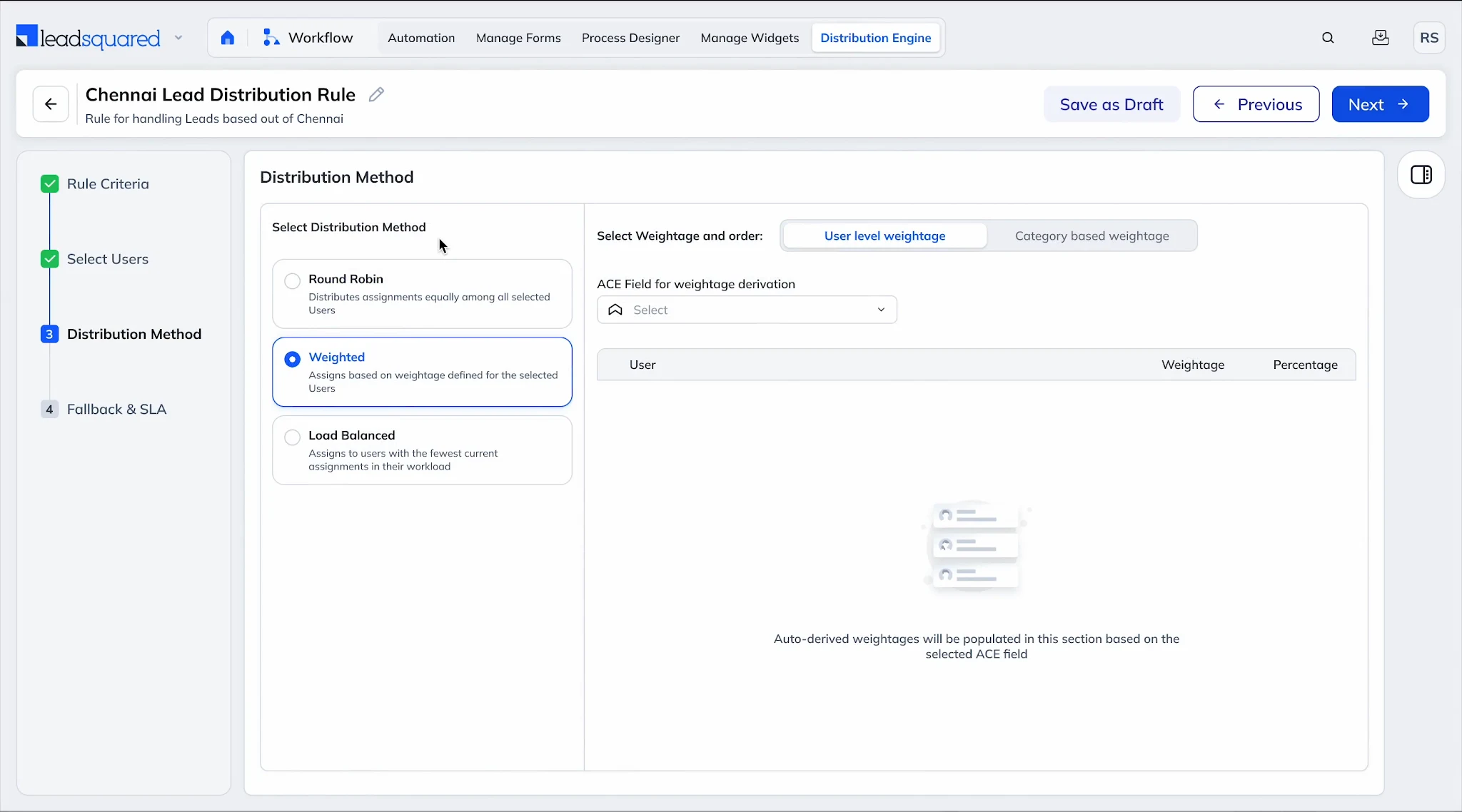 LeadSquared distribution rule with Weighted selected alongside Round Robin and Load Balanced assignment options.