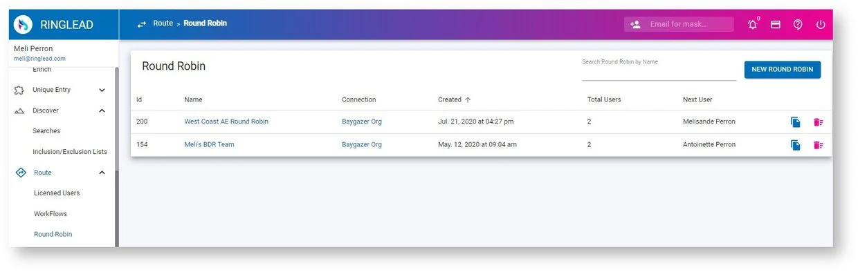 RingLead Round Robin settings listing routing groups, user counts, and the next assignee.