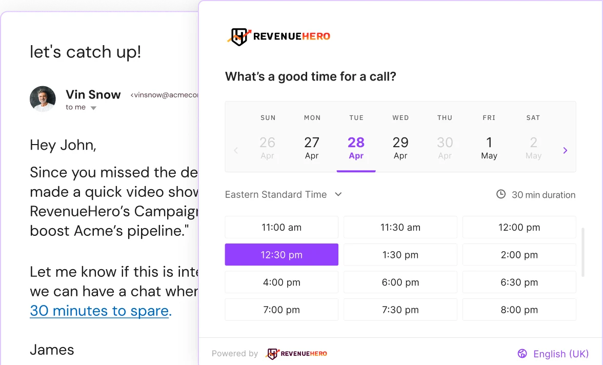 RevenueHero meeting scheduler showing available dates and time slots beside a follow-up email.
