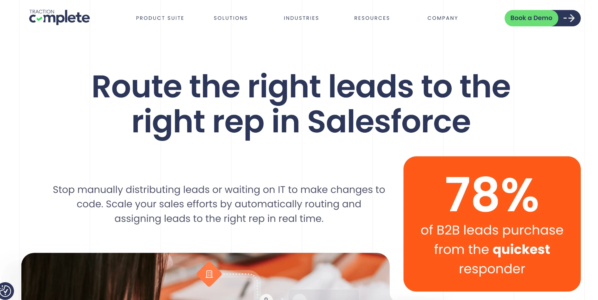 Traction Complete homepage promoting automated lead routing to Salesforce reps.