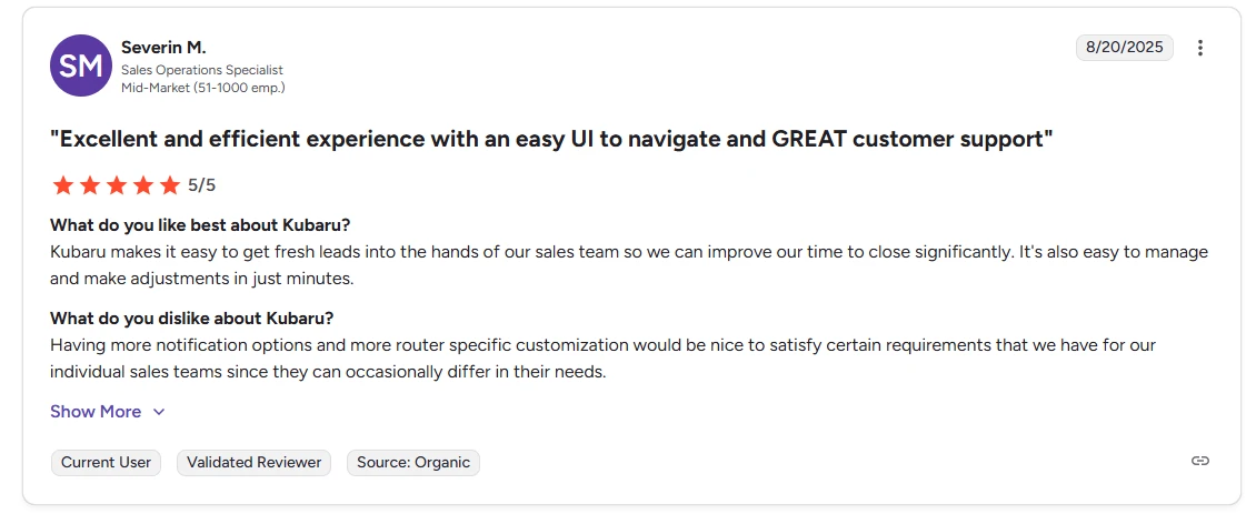 Five-star Kubaru review from Severin M. praising navigation, support, and fast lead delivery, while requesting more notifications and customization.