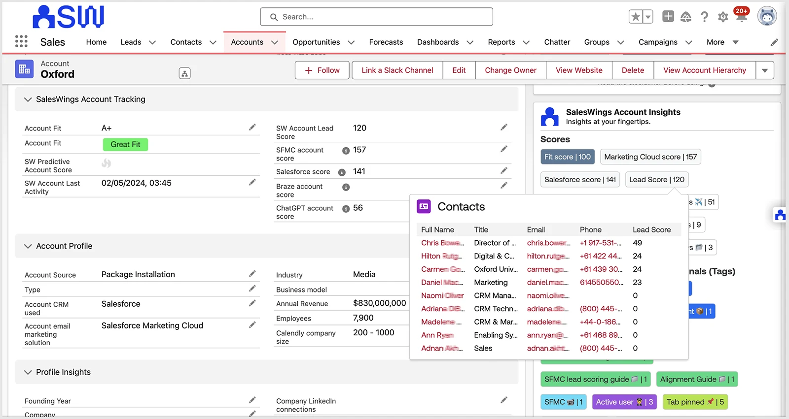 SalesWings account view in Salesforce with account-fit scores, contact lead scores, and profile insights.