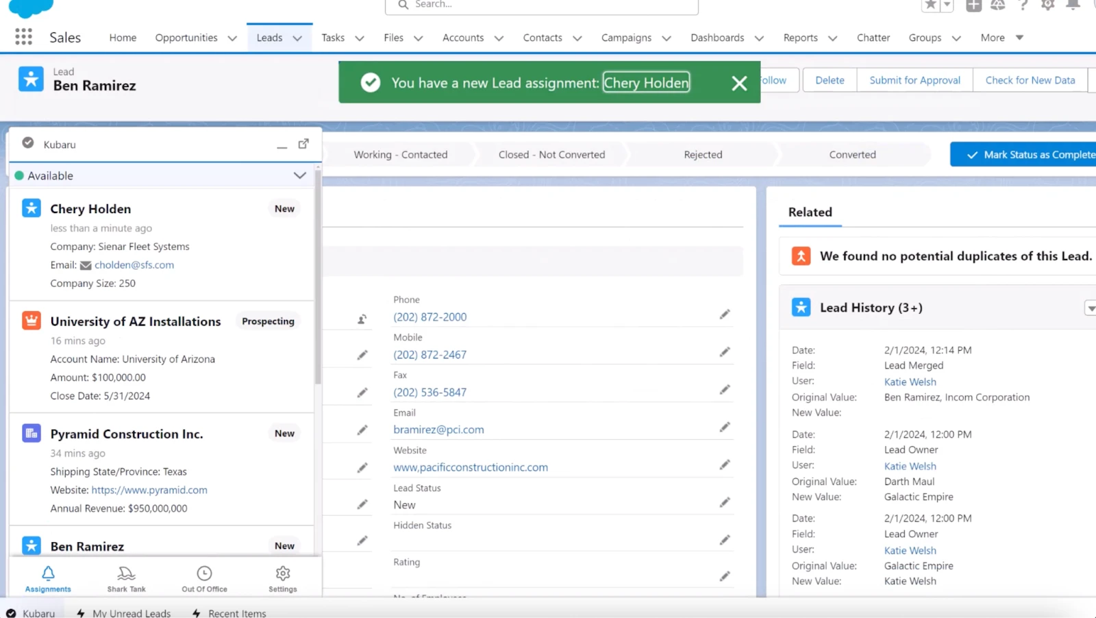 Salesforce lead record with a new Kubaru assignment notification and the Kubaru assignments utility open.