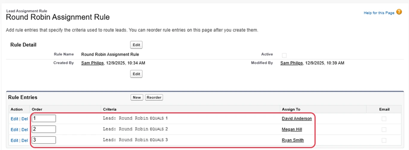 Salesforce round robin assignment rule with three ordered entries assigning leads to different users.