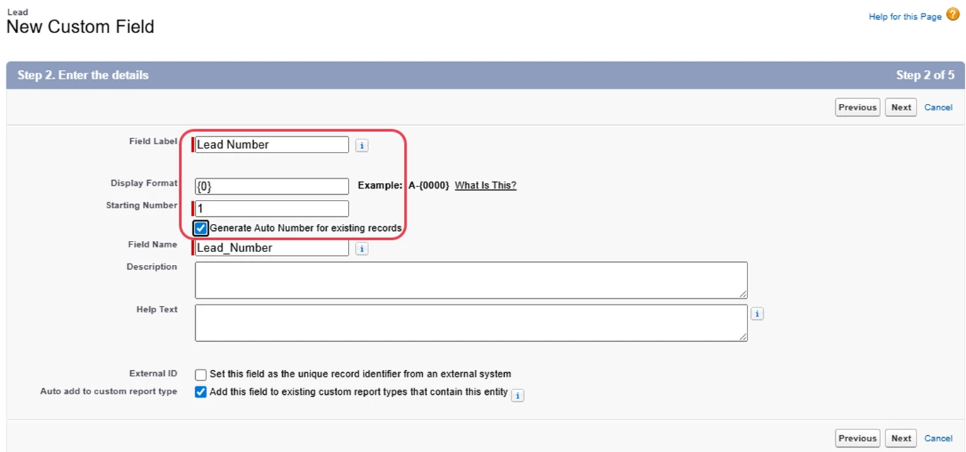 Salesforce new Lead Number field with an auto-number display format, starting number, and numbering of existing records.