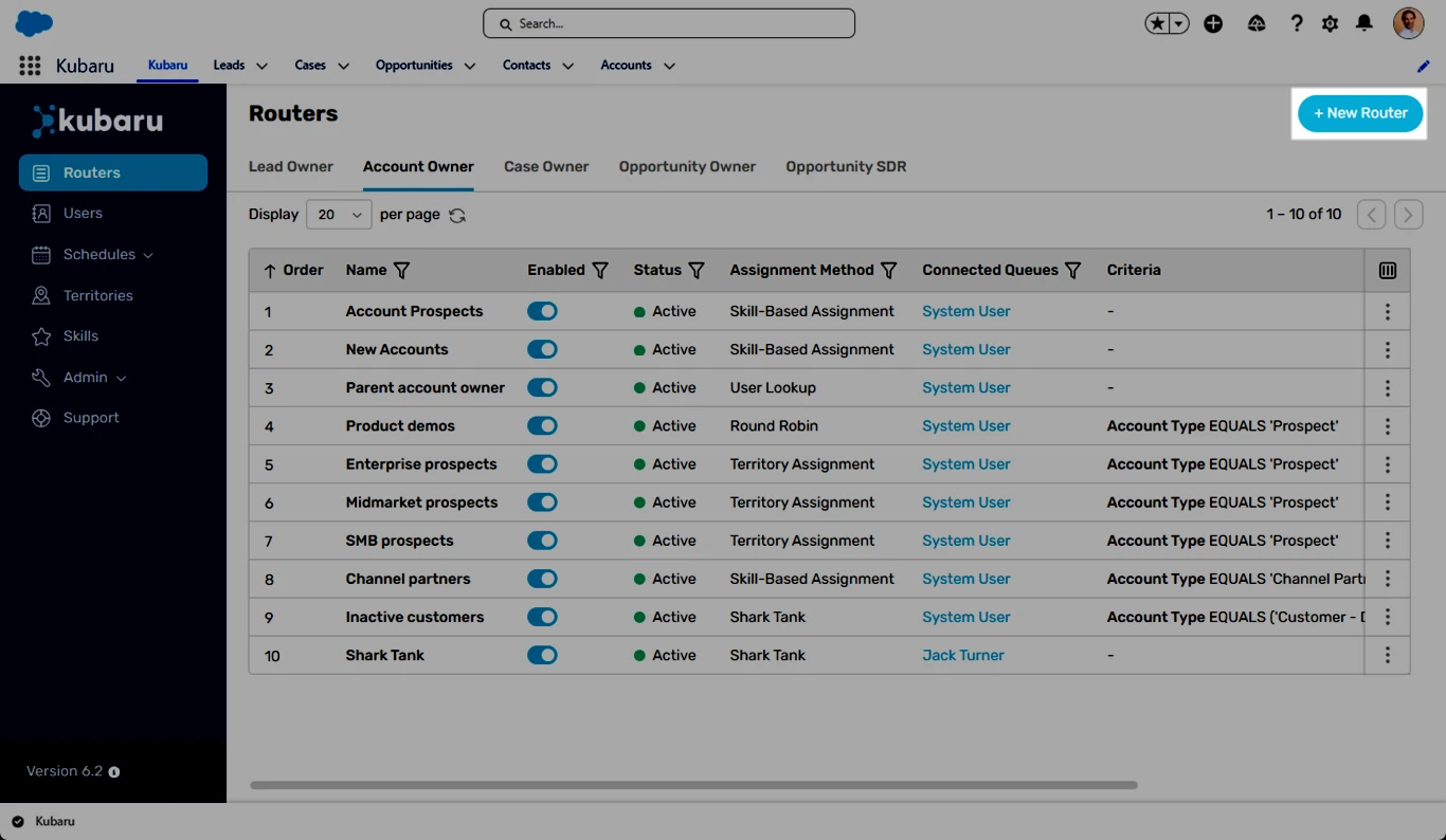 Kubaru Routers list with the New Router button highlighted.