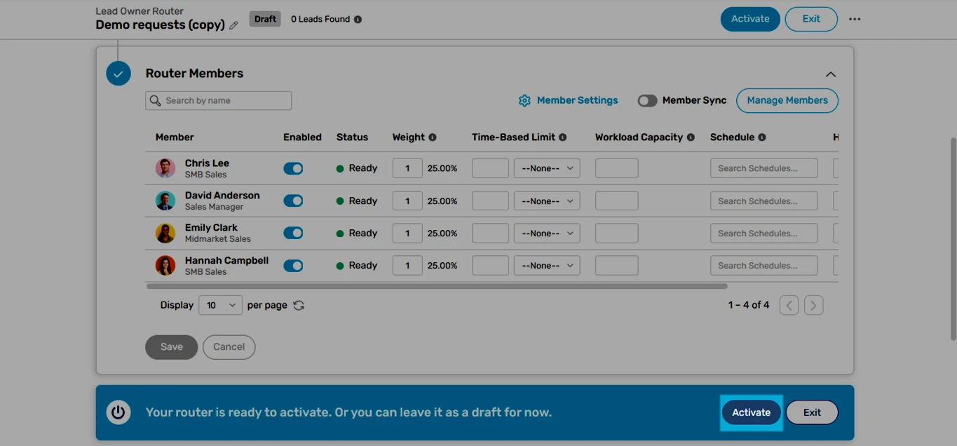 Kubaru draft router with the Activate button highlighted below its member list.
