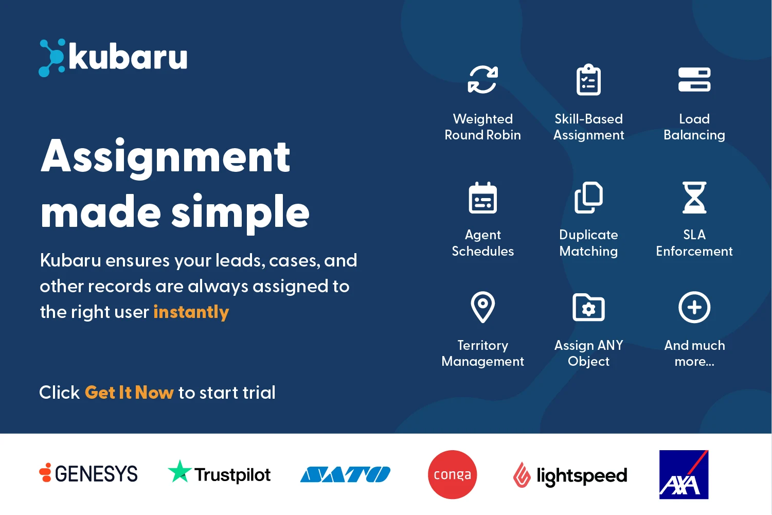 Kubaru assignment features for weighted round robin, skills, load balancing, schedules, duplicate matching, SLAs, territories, and custom objects.