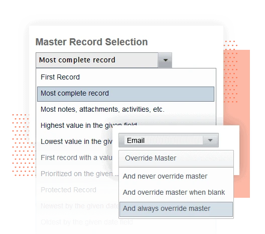 Cloudingo master record selection and field override options for merging duplicates.