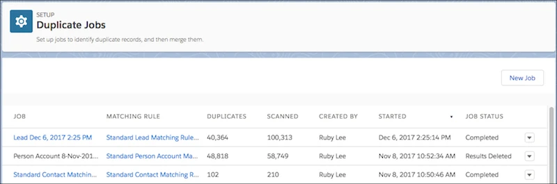 Salesforce Duplicate Jobs list showing matching rules, duplicate counts, scanned records, and completed jobs.