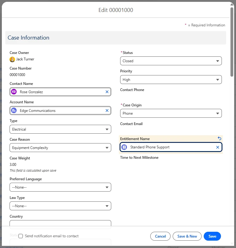 Salesforce case edit form with an Entitlement Name field set to Standard Phone Support.