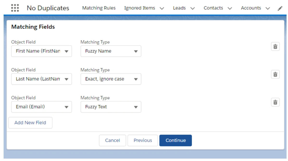 Salesforce matching fields configuration with fuzzy first-name and email matching and case-insensitive exact last-name matching.