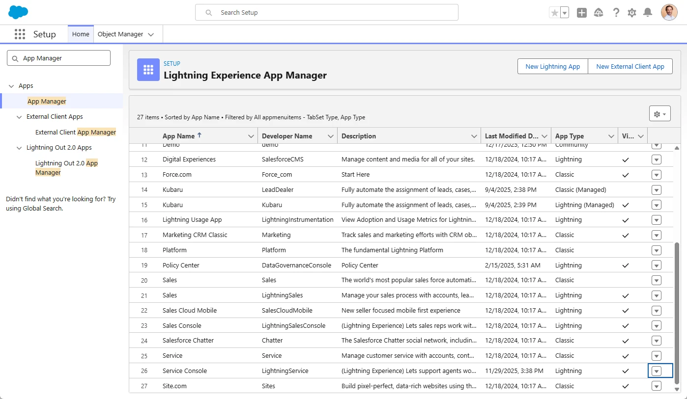 Salesforce Lightning Experience App Manager with the Service Console action menu highlighted.