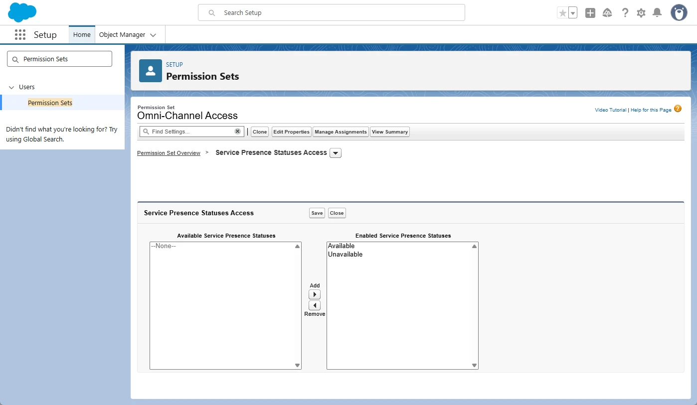 Salesforce permission set granting access to Available and Unavailable presence statuses.