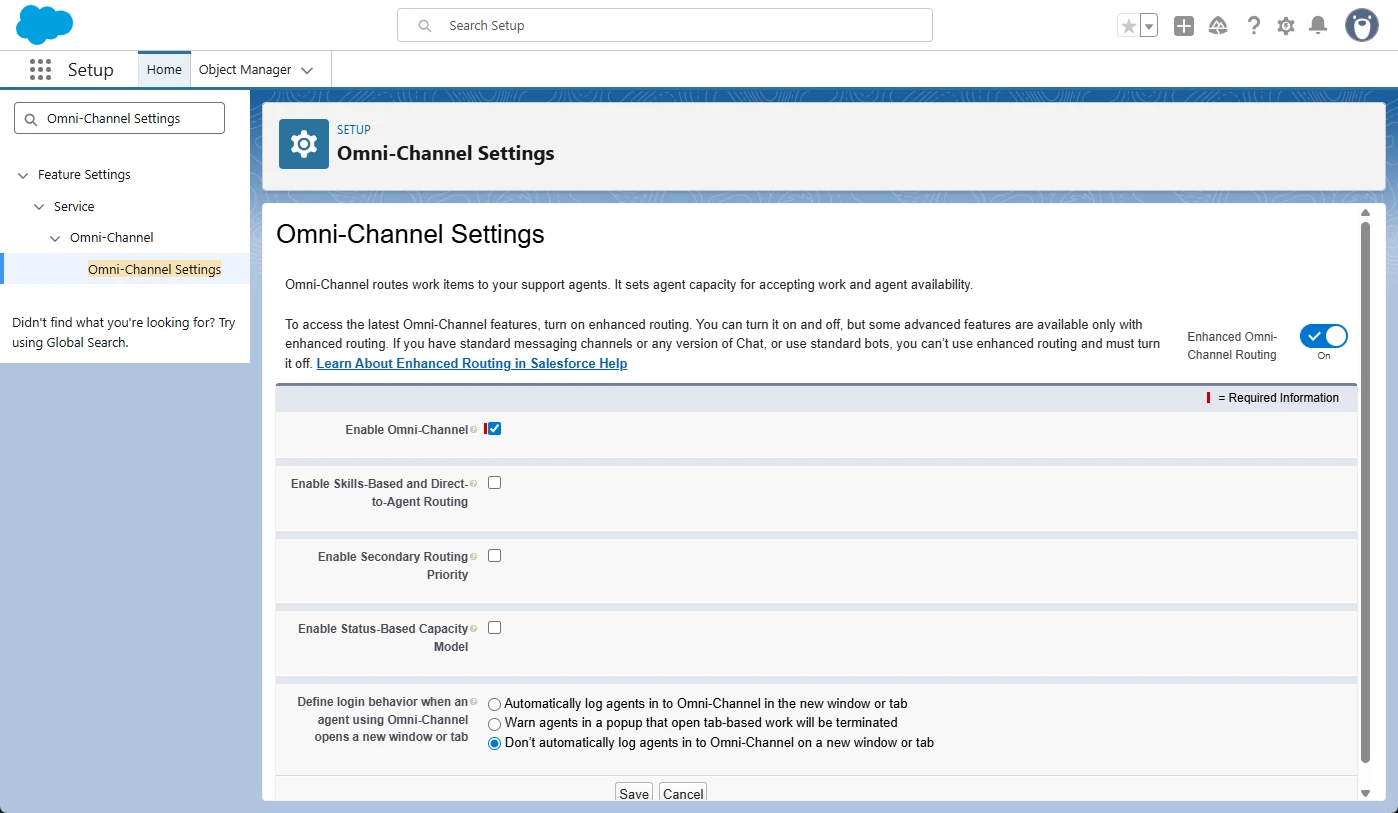 Salesforce Omni-Channel Settings with Enable Omni-Channel selected.