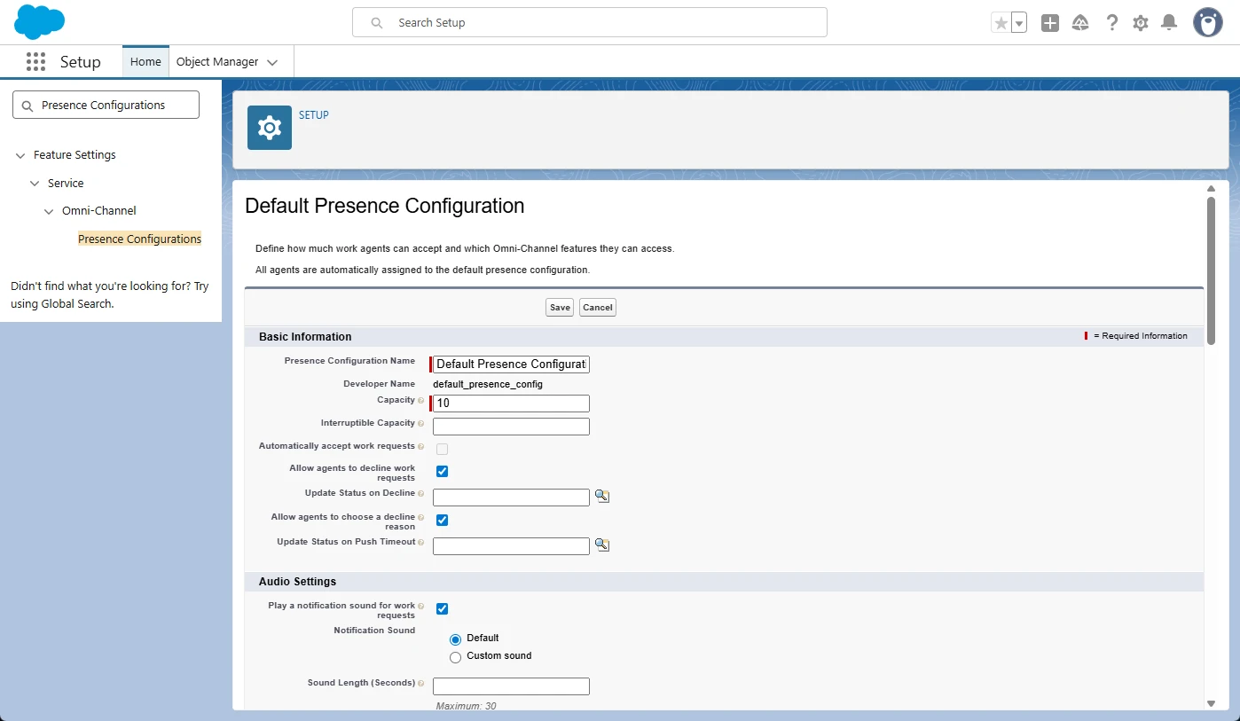 Salesforce Default Presence Configuration with capacity, assignment, decline, and audio settings.