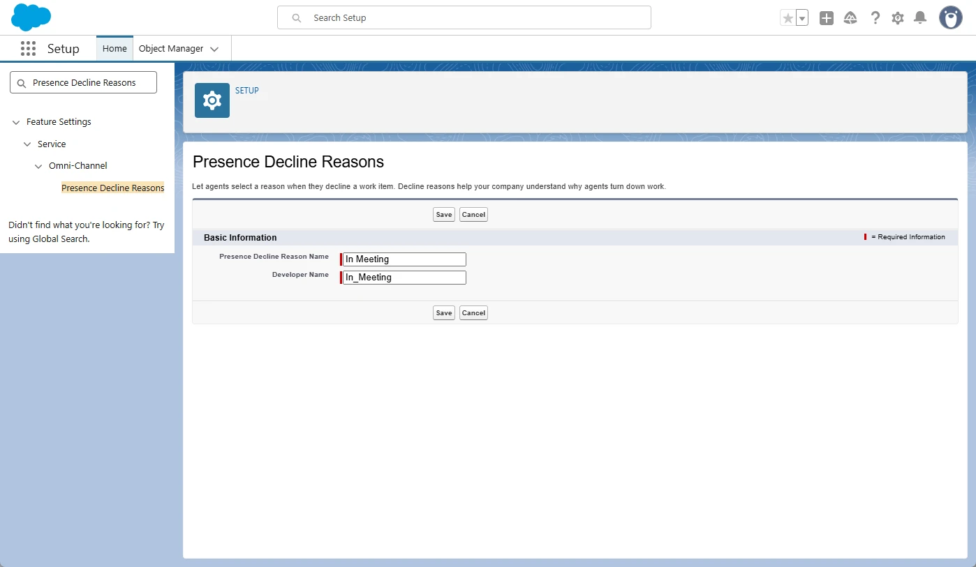 Salesforce Presence Decline Reasons form defining an In Meeting reason.