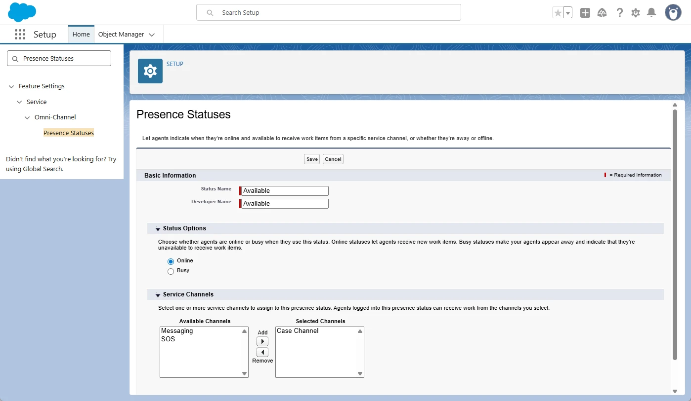 Salesforce Available presence status with the Case Channel selected.