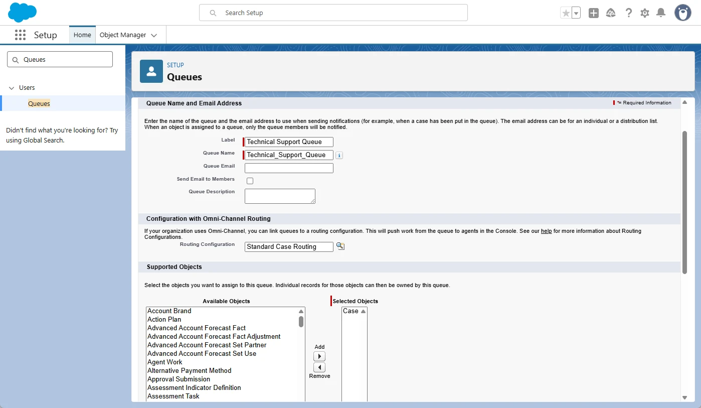 Salesforce Technical Support Queue configured for cases with an Omni-Channel routing configuration.