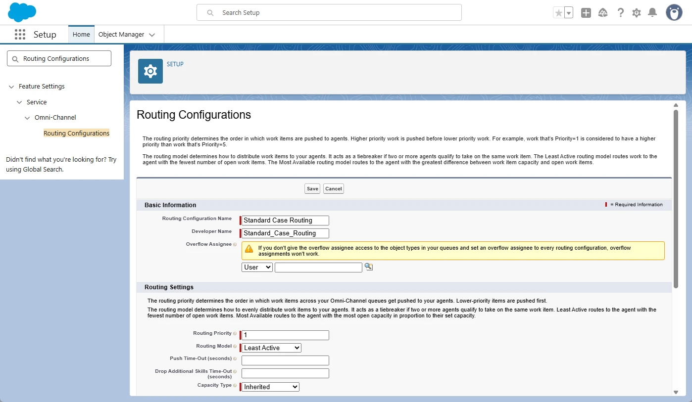 Salesforce routing configuration showing routing priority, Least Active routing, and capacity settings.