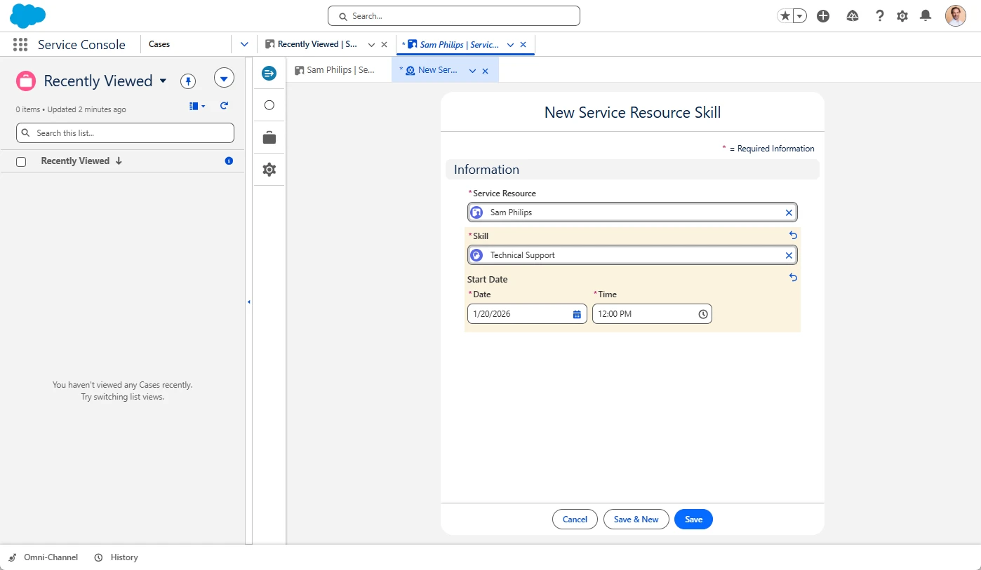 Salesforce New Service Resource Skill form assigning Technical Support to a service resource.