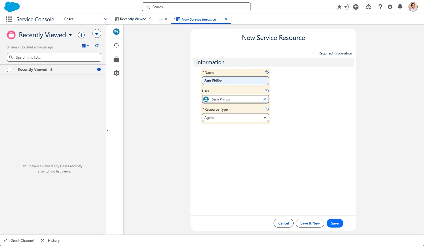 Salesforce New Service Resource form linking a user to the Agent resource type.