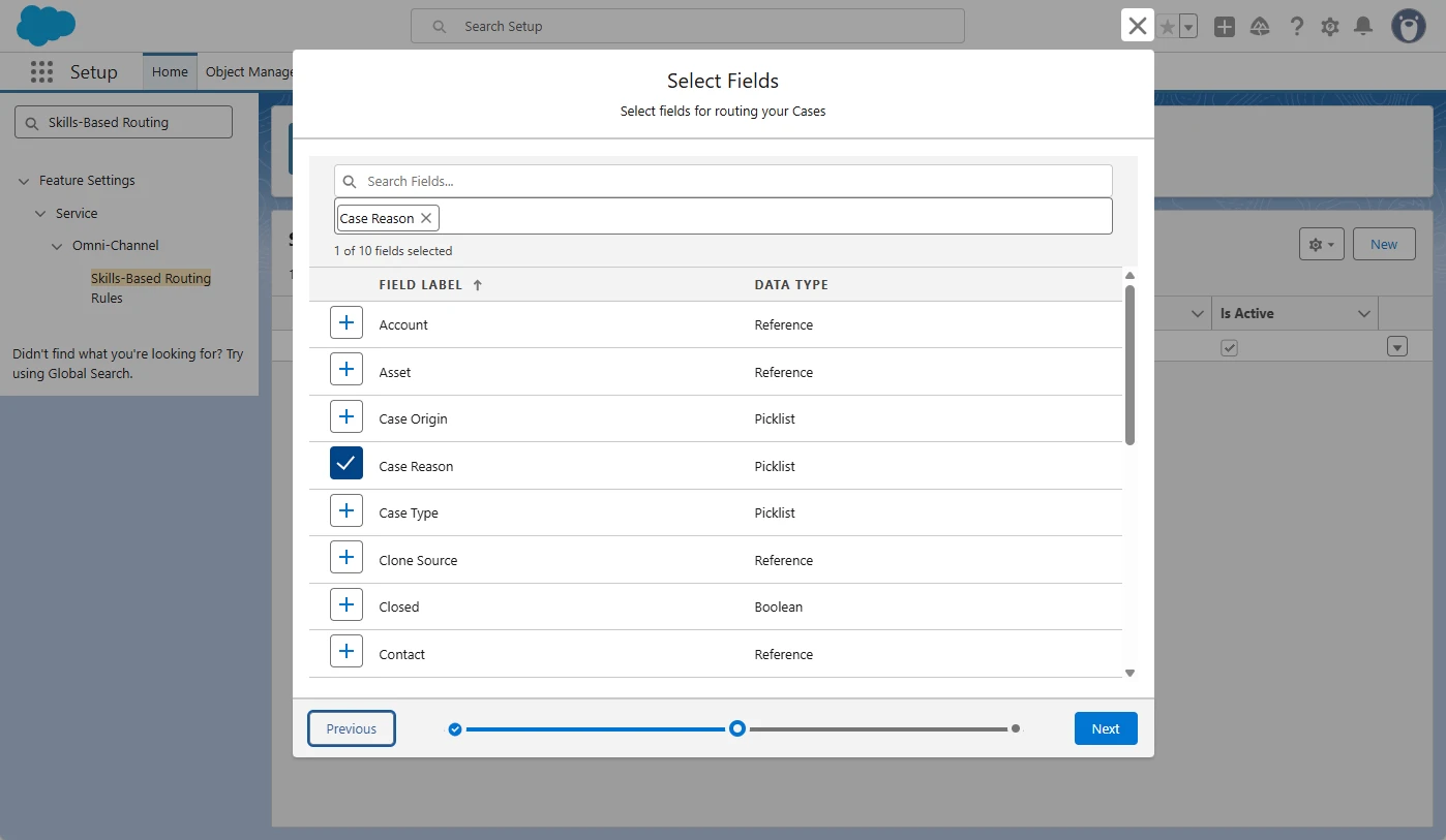 Salesforce skills-based routing field selector with Case Reason selected.