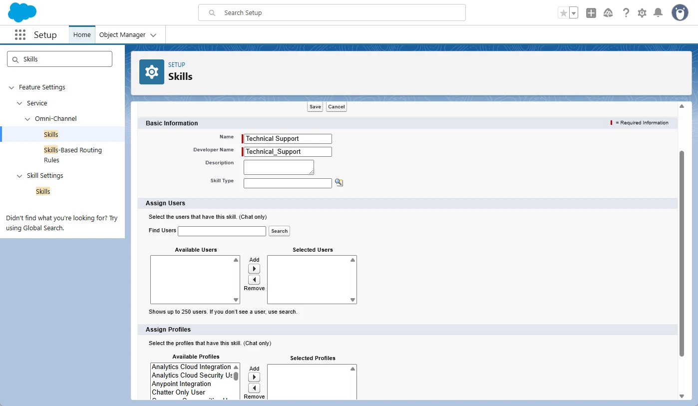 Salesforce Technical Support skill setup with user and profile assignment lists.