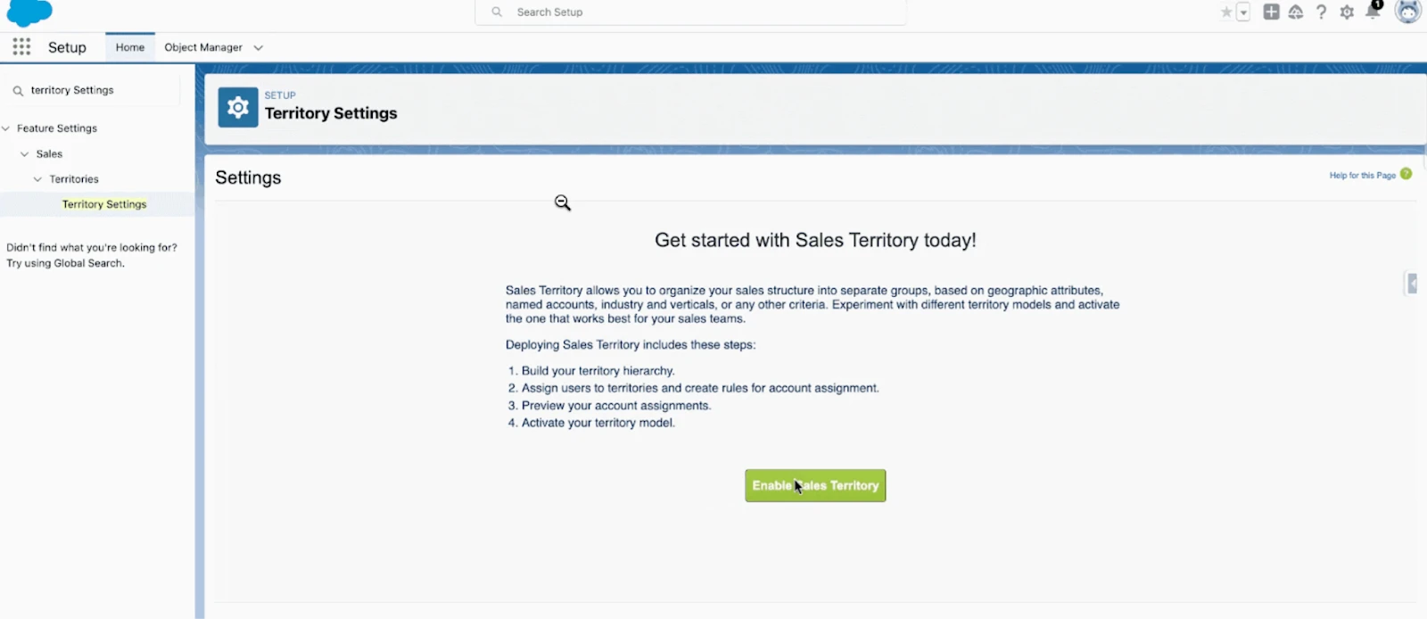 Salesforce Territory Settings page with the Enable Sales Territories button.