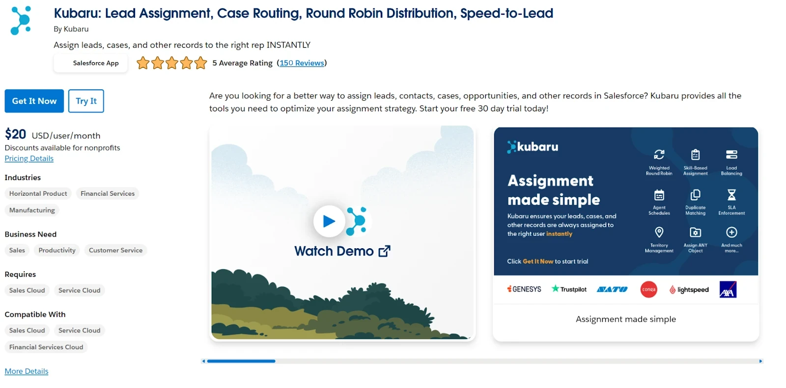 Kubaru AppExchange listing with five-star reviews, pricing, a demo preview, and assignment feature artwork.