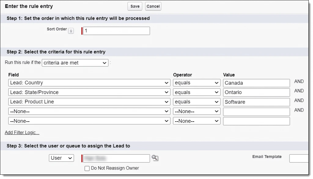 Salesforce rule entry form with sort order, country, province, product criteria, and assignee settings.