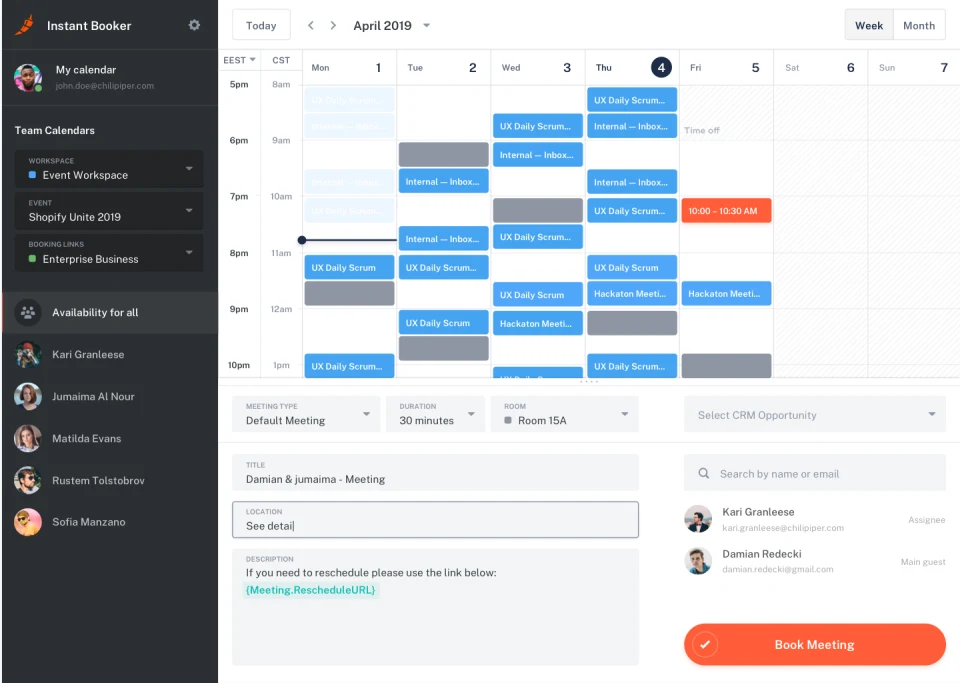 Chili Piper Instant Booker with a weekly meeting calendar, team members, and a booking form.