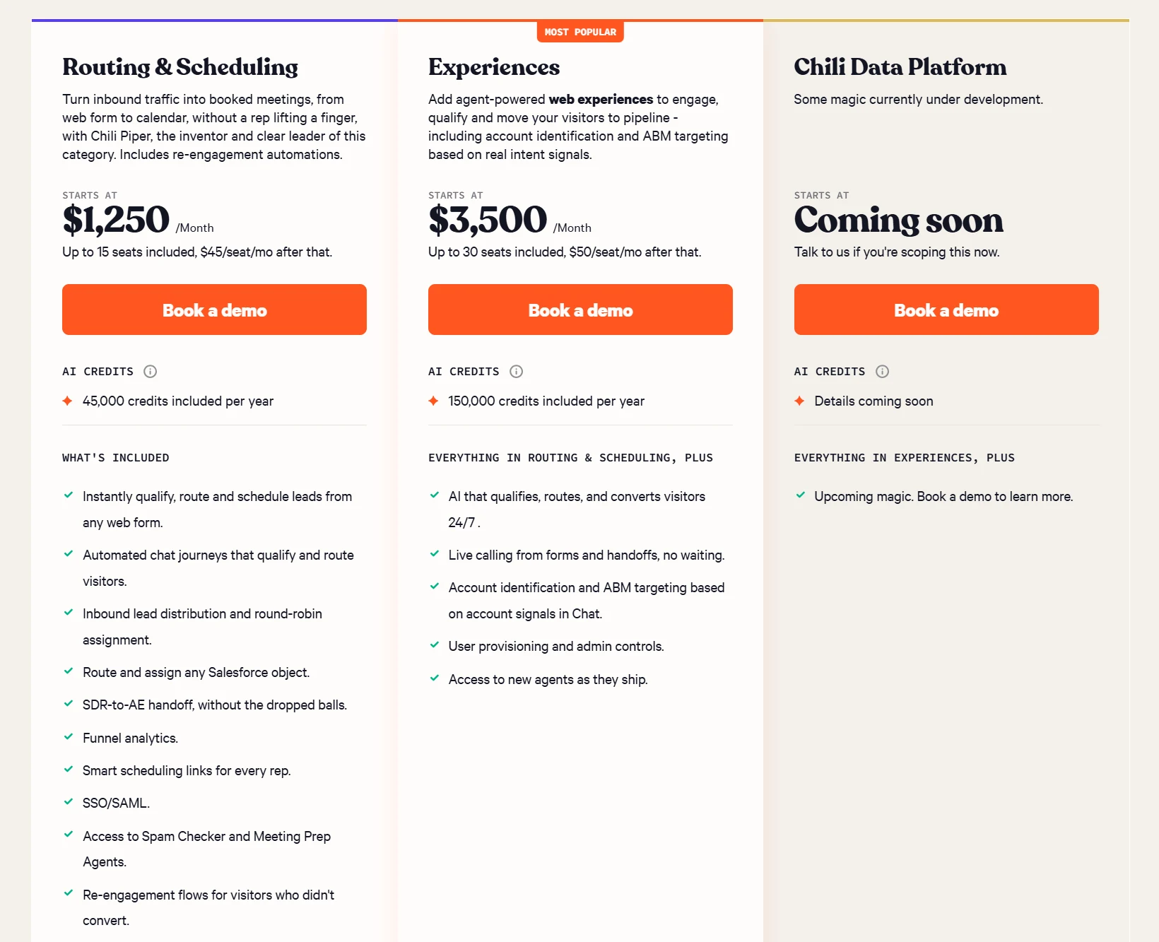 Chili Piper pricing cards comparing Routing & Scheduling with Experiences, plus a forthcoming Data Platform.