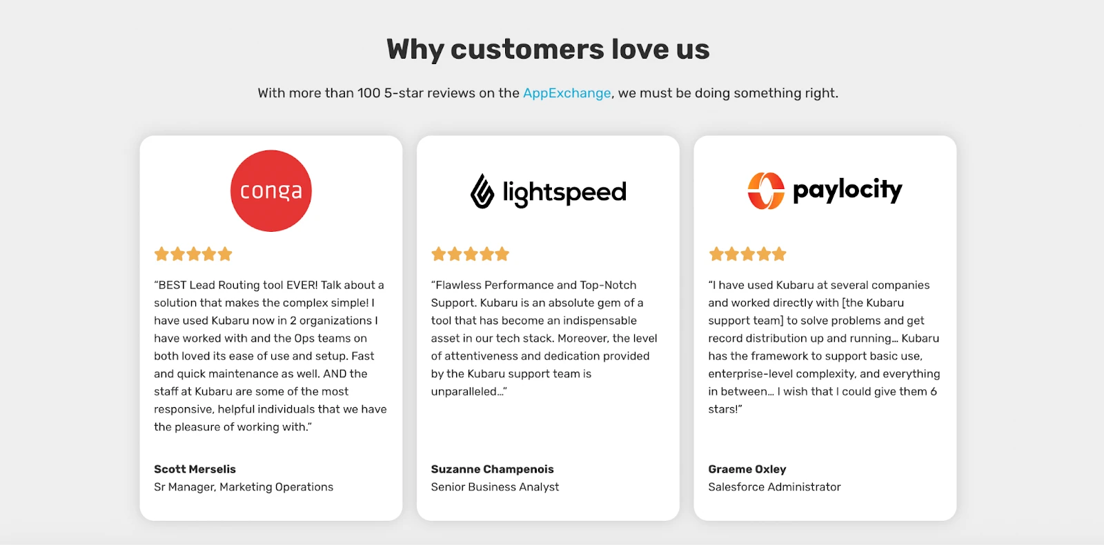Kubaru customer reviews from Conga, Lightspeed, and Paylocity.