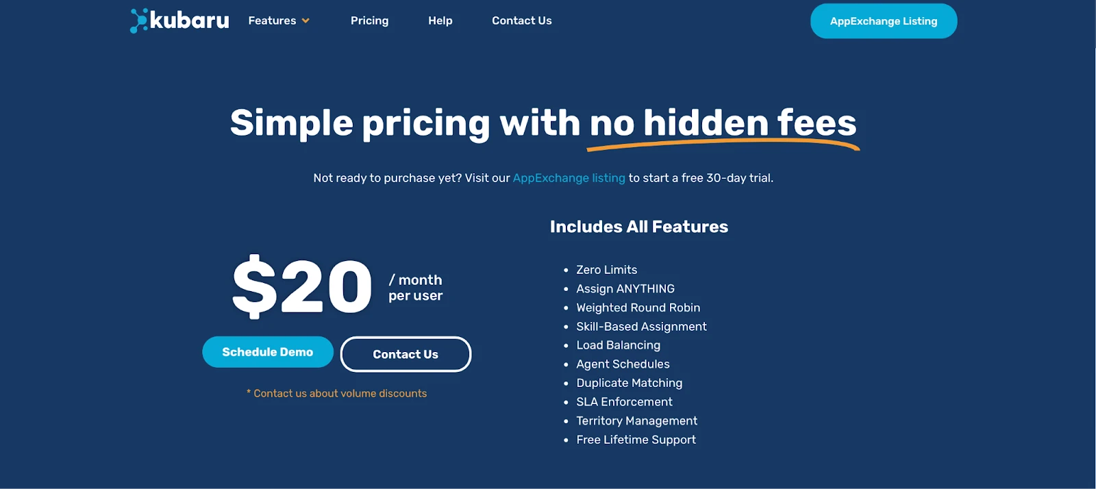 Kubaru pricing showing $20 per user per month with all assignment features included.