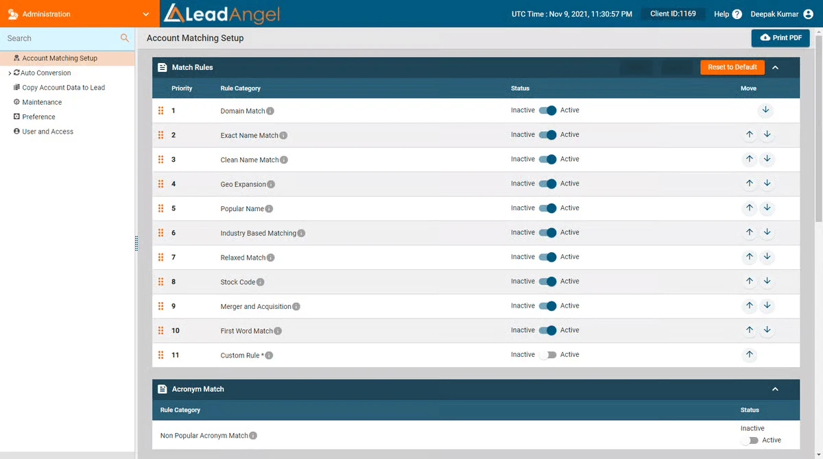 LeadAngel account-matching rules ordered by priority, including domain, exact name, and industry matches.