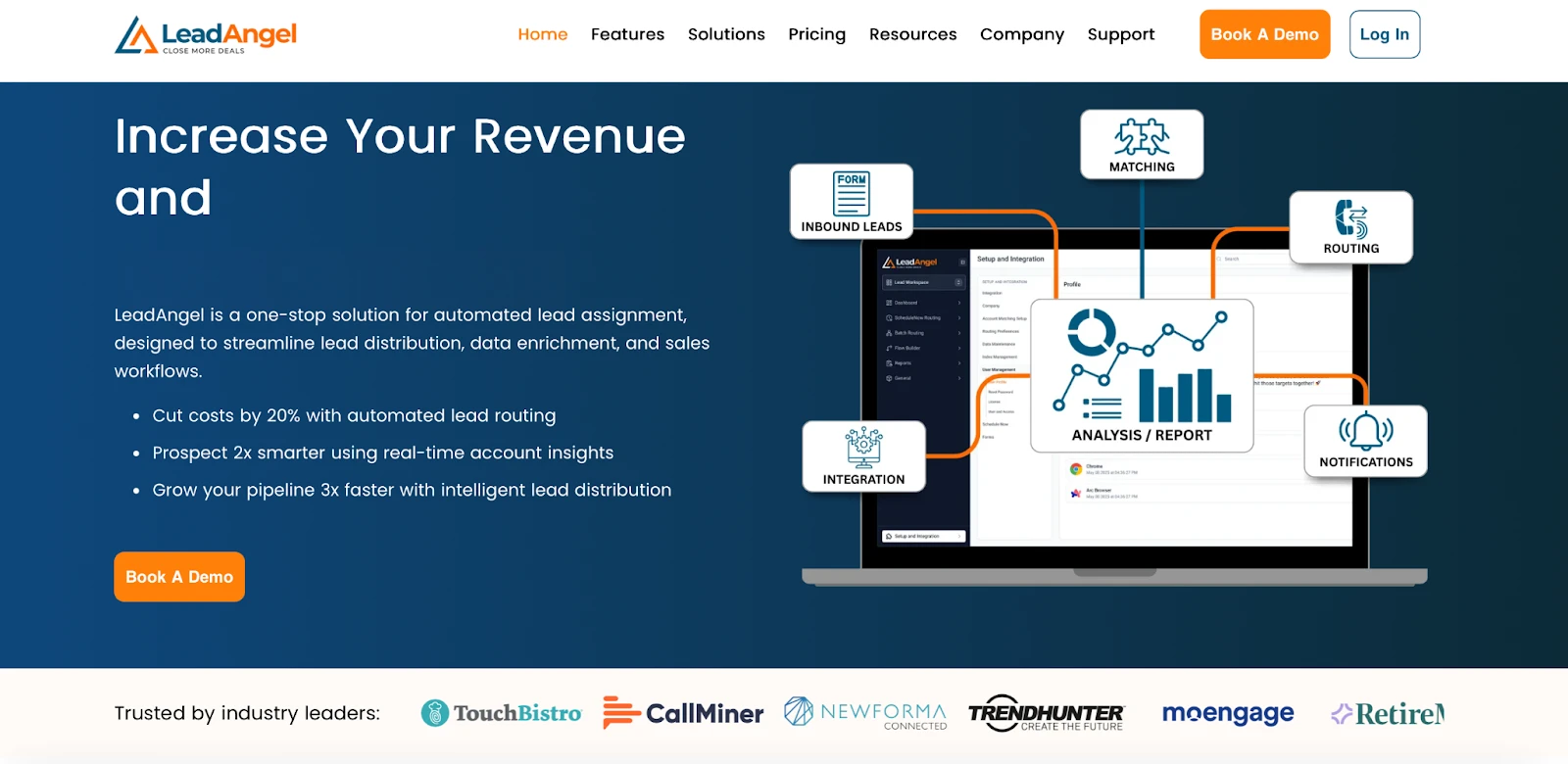 LeadAngel lead-routing platform showing automated lead assignment, matching, integrations, reporting, and notifications.