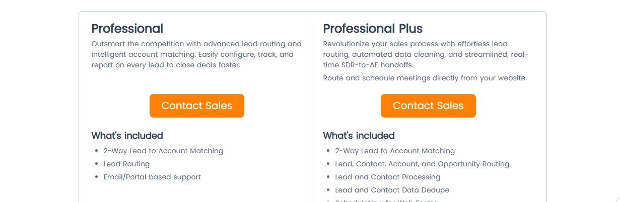 LeadAngel Professional and Professional Plus plans comparing matching, routing, and data-processing features.