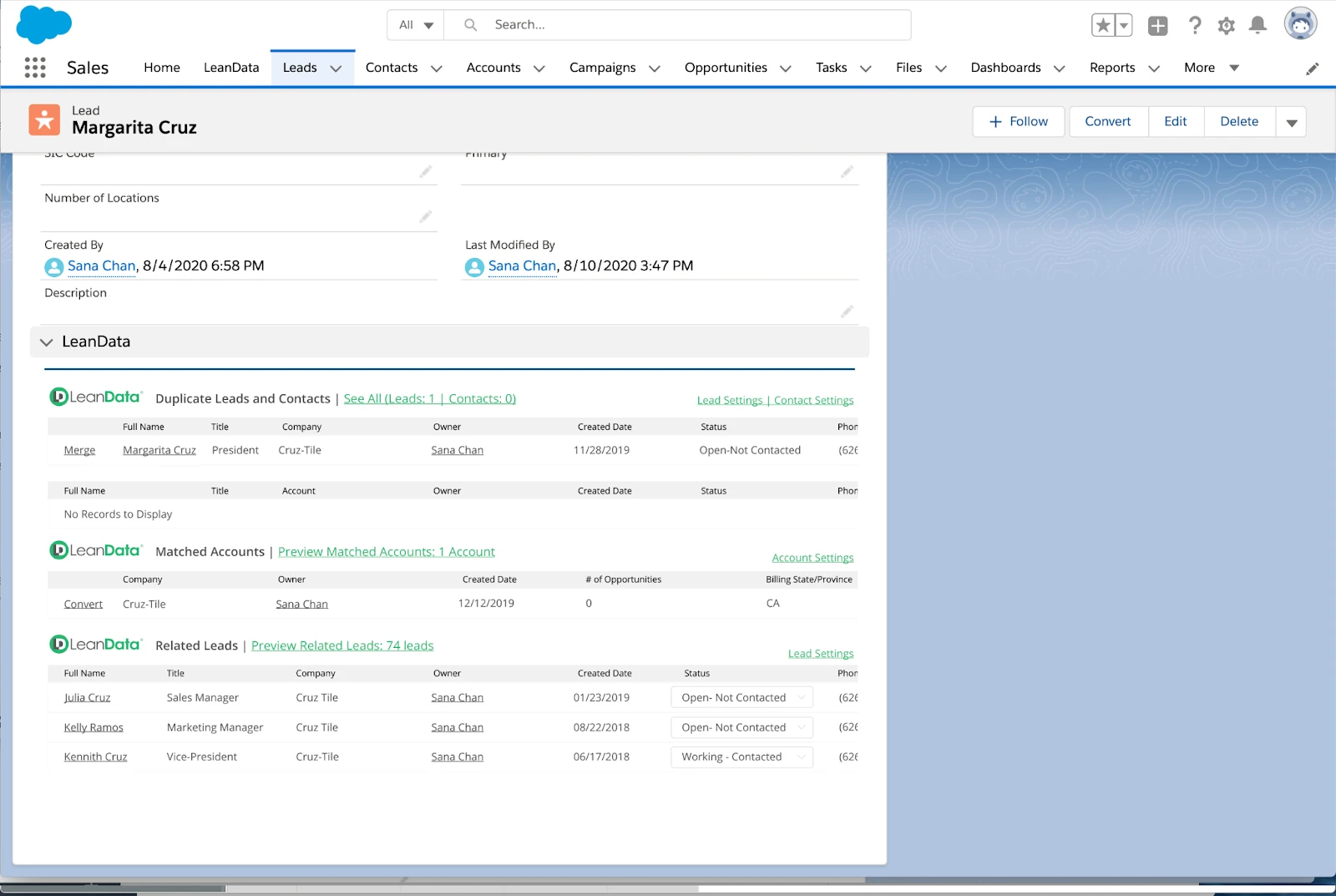 Salesforce lead record with LeanData panels for duplicate leads and contacts, matched accounts, and related leads.