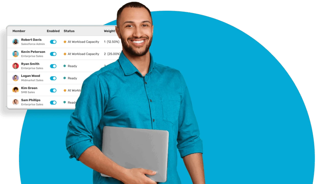 Person holding a laptop beside a Kubaru member list showing workloads and assignment weights.