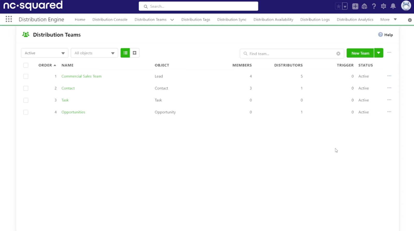 Distribution Engine Distribution Teams list showing lead, contact, task, and opportunity teams.