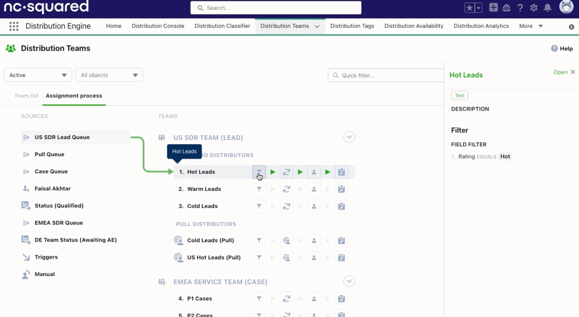 Distribution Engine assignment process connecting lead sources to teams and Hot, Warm, and Cold Lead distributors.