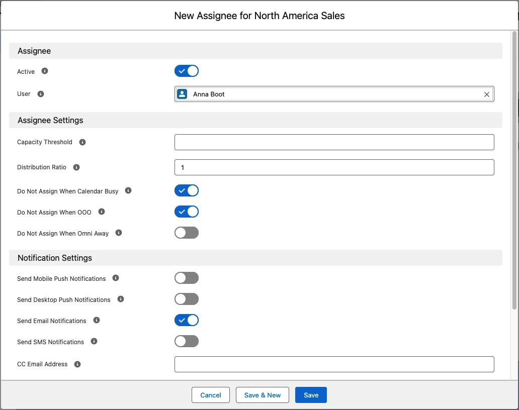 Plauti Assign assignee settings with capacity, distribution ratio, calendar availability, out-of-office, and notification controls.
