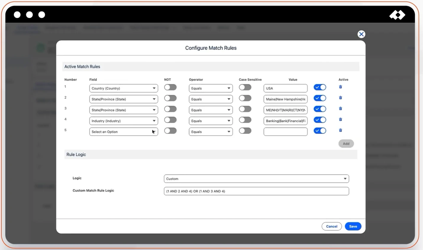 Plauti match rules combining country, state, and industry criteria with custom AND and OR logic.