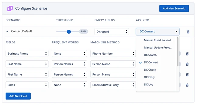 Plauti duplicate-matching scenario with a 75% threshold and matching methods for phone, name, and email fields.