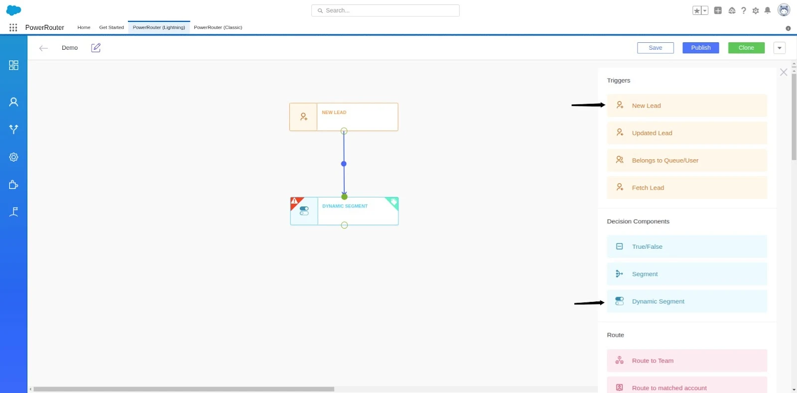 PowerRouter workflow builder connecting a new lead to a dynamic segment, with trigger, decision, and routing options.