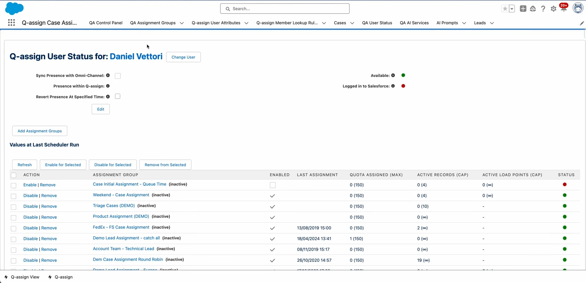 Q-Assign user-status page showing availability and assignment groups with assignment counts and workload limits.
