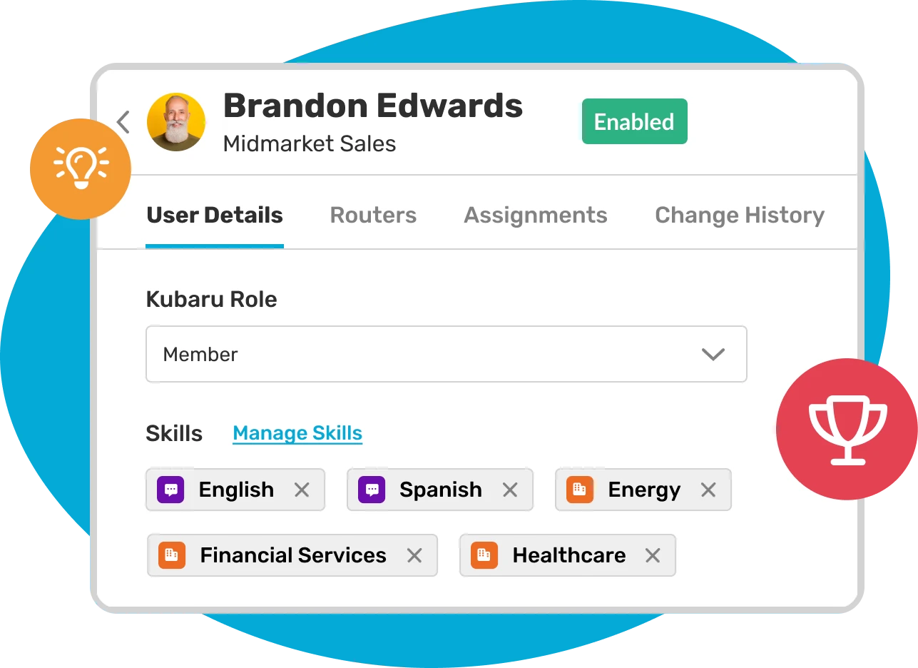 Kubaru user details showing assigned language and industry skills.