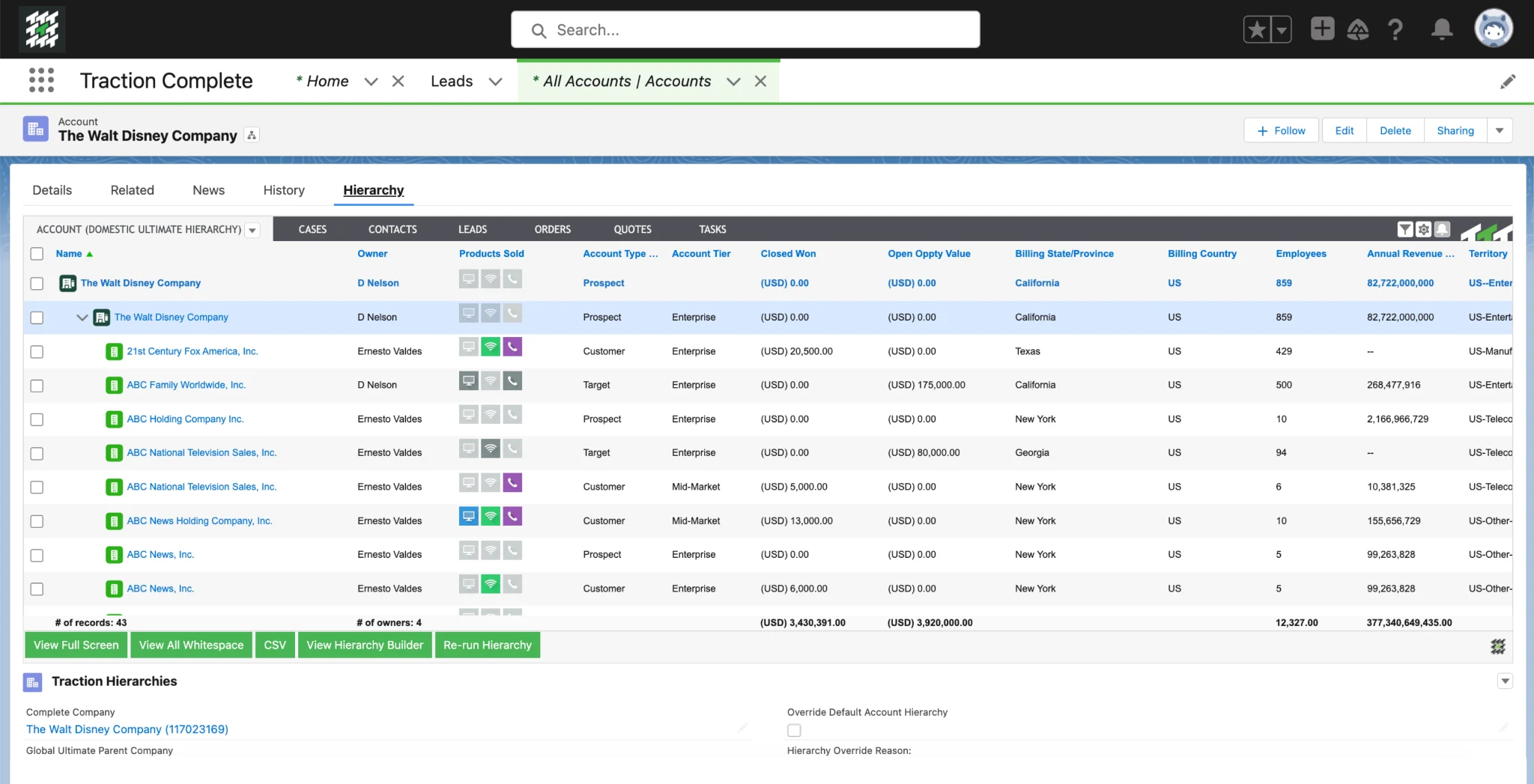Traction Complete account hierarchy showing parent and subsidiary accounts with owners, revenue, and location details.